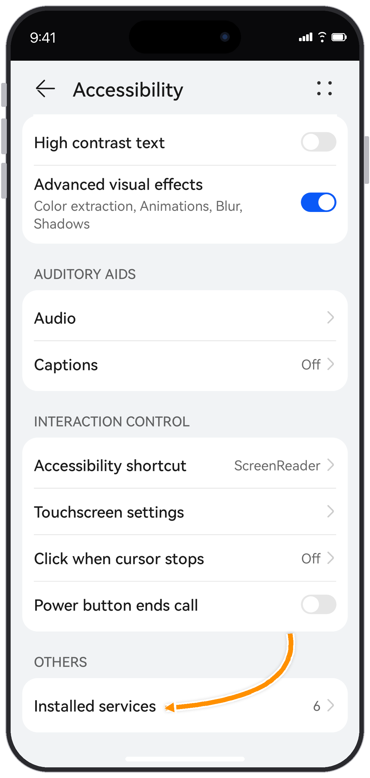 Accessibility settings with Installed services