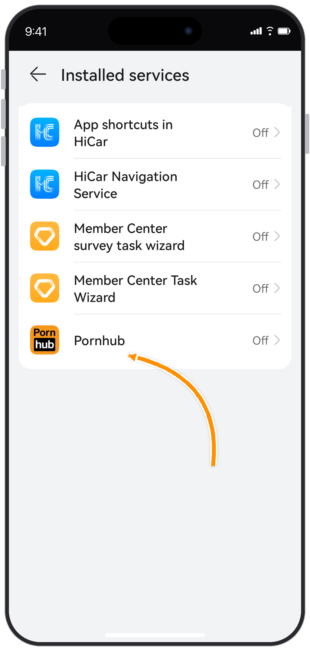 Installed services list with Pornhub